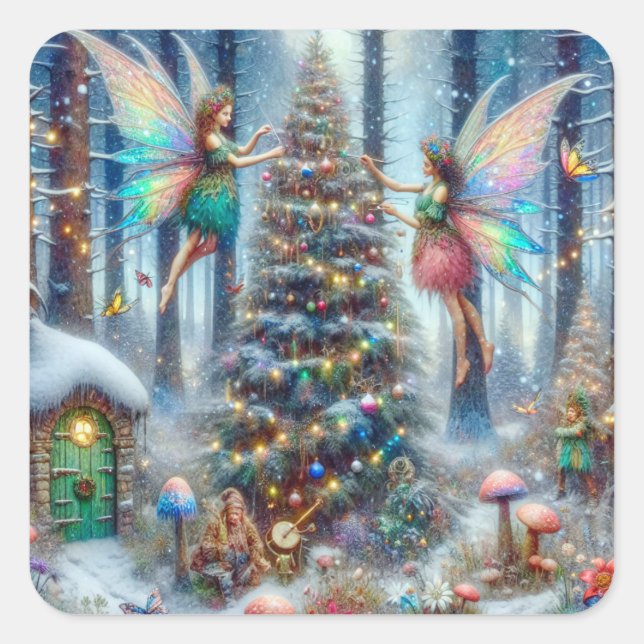 Zauberhafte Weihnachtsbaume und Elfen Quadratischer Aufkleber (Vorderseite)