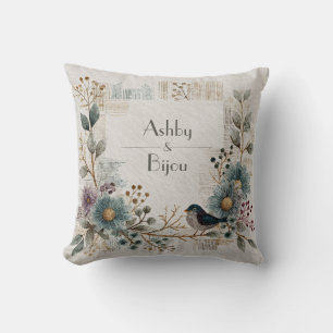 Zauberhafter Aquarell-Vogel und florale Boheme Kissen