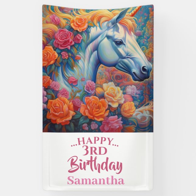 Zauberhafter, floraler Einhornbanner Banner (Vertikal)