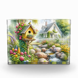 Zauberhafter Landhausgarten-Vogelhaus-Bach Fotoblock