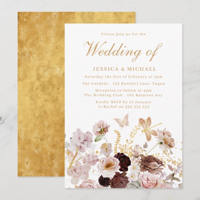 Zauberhafter Traum: Blush Gold Magical Floral Wedd Einladung (Vorne/Hinten)