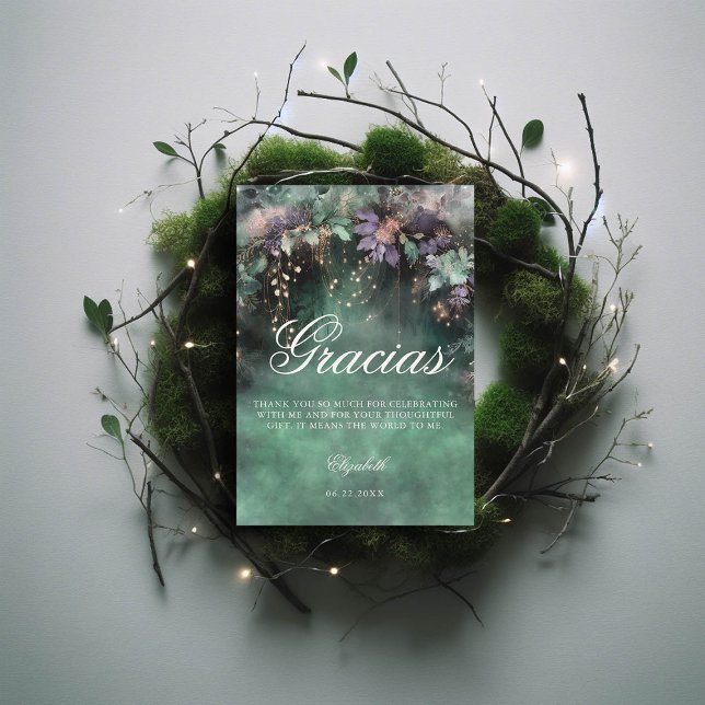 Zauberhafter Wald Grüner Lavendel Quinceanera Dankeskarte (quinceanera thank you card enchanted forest theme emerald green lavender pink blush)
