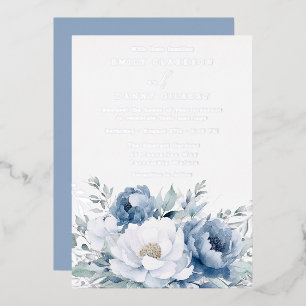 Zauberhaftes blaues und weißes Blumenzelt Folieneinladung