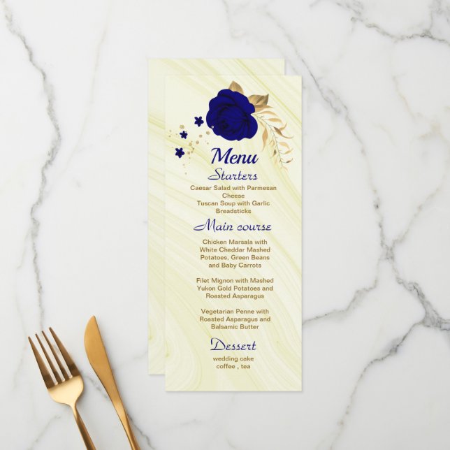 zauberhaftes Hochzeitsmenü mit blauem Gold Menükarte (Vorderseite/Rückseite Beispiel)