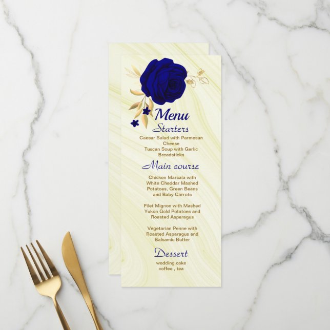 zauberhaftes Hochzeitsmenü mit blauem Gold Menükarte (Vorderseite/Rückseite Beispiel)