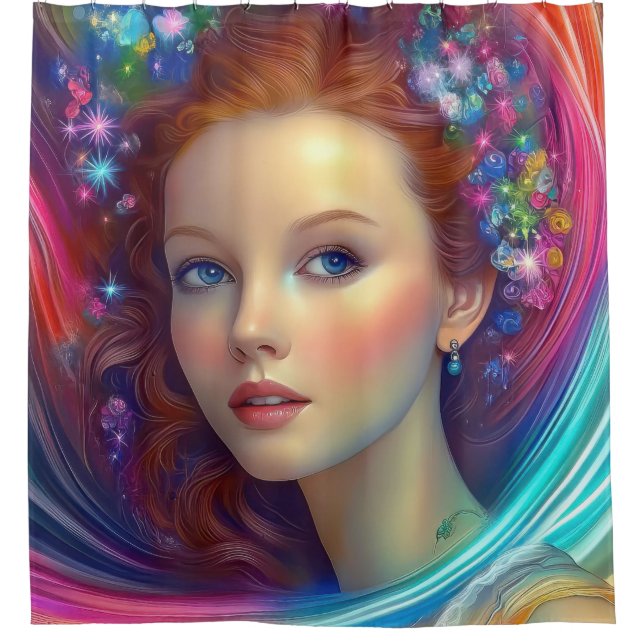 Zauberhaftes Rainbow-Hair-Portrait Duschvorhang (Vorderseite)