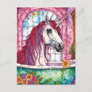 Zauberhaftes Wasserfarben-Rose-Mähne-Einhorn beim  Postkarte