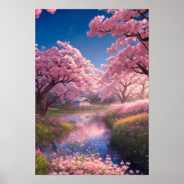 Zauberhütte inmitten von Sakura Bäumen Poster