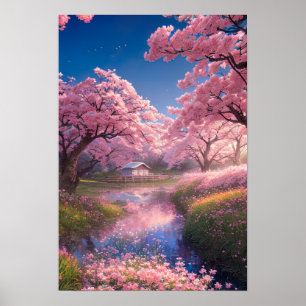 Zauberhütte inmitten von Sakura Bäumen Poster