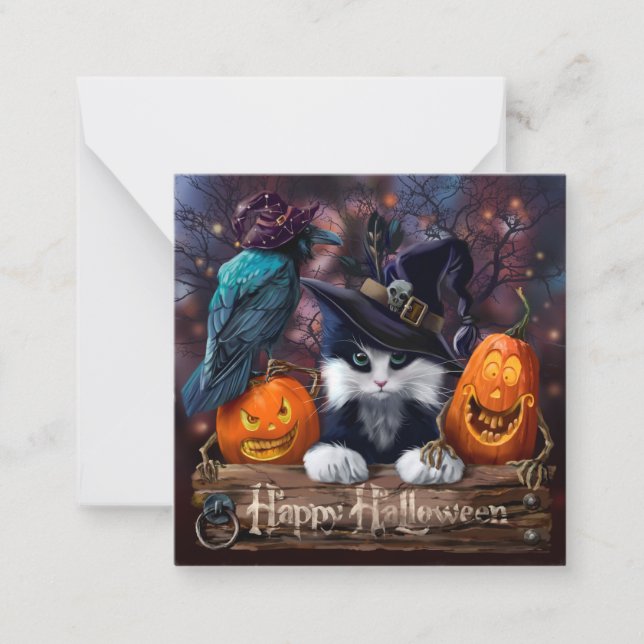 Zauberkatze, Rabe und Halloween Kürbis Mitteilungskarte (Vorderseite)