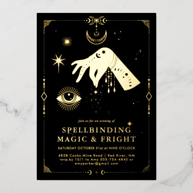 Zaubermagie | Elegantes Halloween Folieneinladung (Vorderseite)