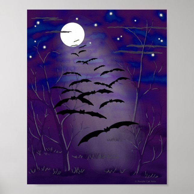 Zauberstunde mit Vollweißem Mond und Fledermäusen Poster (Vorne)