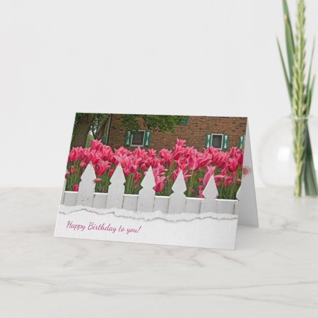 Zaun und Tulpen zum Geburtstag Karte (Vorderseite)