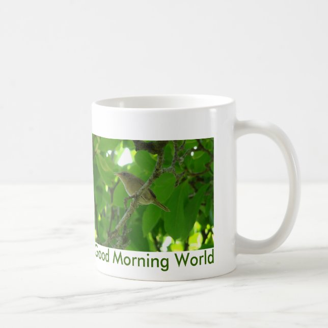 Zaunkönig im Baum, guter Morgen-Welt Kaffeetasse (Rechts)