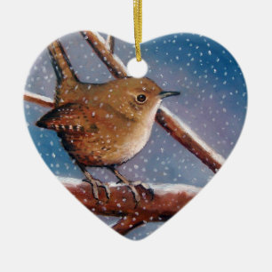 ZAUNKÖNIG IM WINTER: ÖL-PASTELL: VOGEL-VERZIERUN KERAMIKORNAMENT