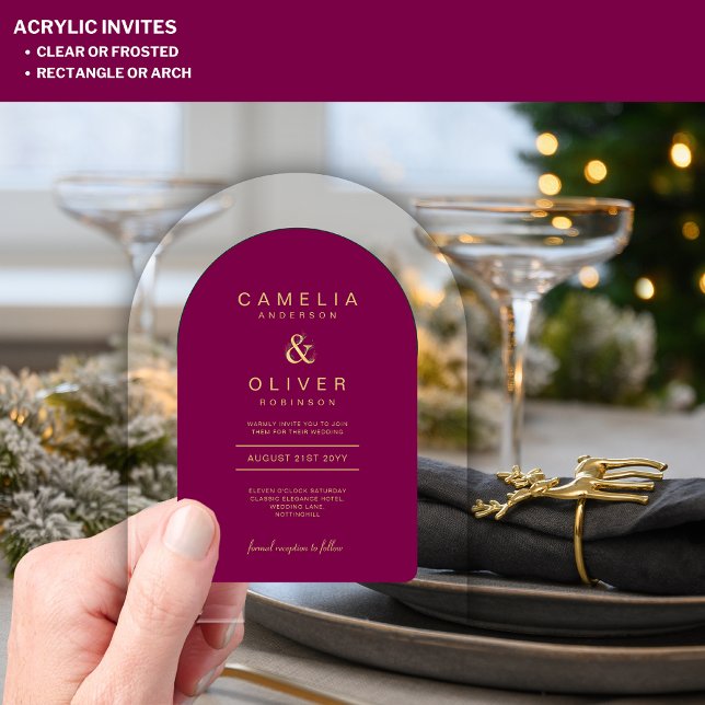 Zazzle Acrylic Wedding Magenta Pink Gold Text Acryleinladungen (Von Creator hochgeladen)