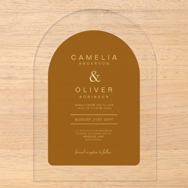 Zazzle Acrylic Wedding Terracotta Gold Text Arch Acryleinladungen (Vorderseite)