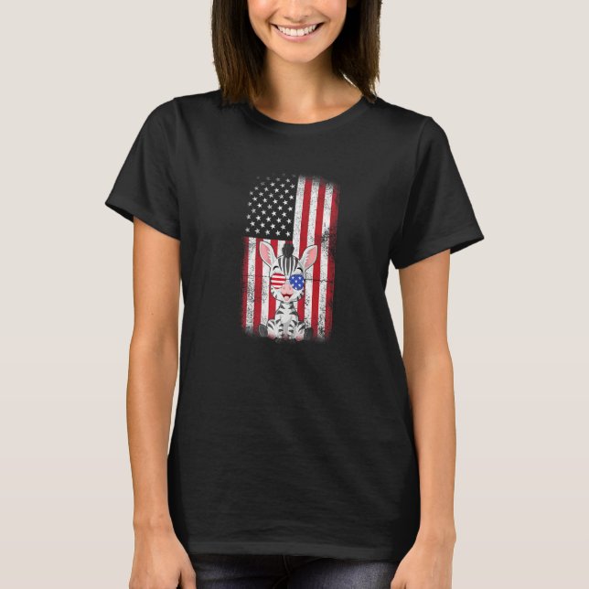 Zebra American Flag Boys Girls Women Vierte T-Shirt (Vorderseite)