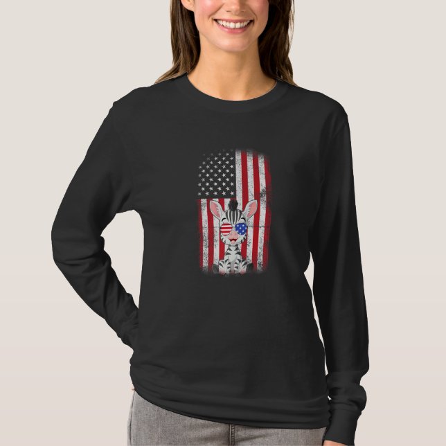 Zebra American Flag Boys Girls Women Vierte T-Shirt (Vorderseite)