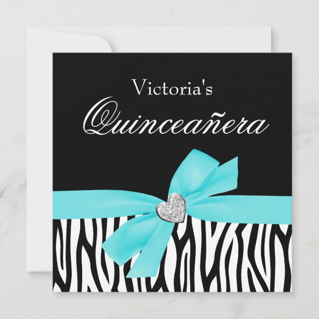 Zebra Aquamarin Bow Diamond Quinceanera Einladunge Einladung (Vorderseite)