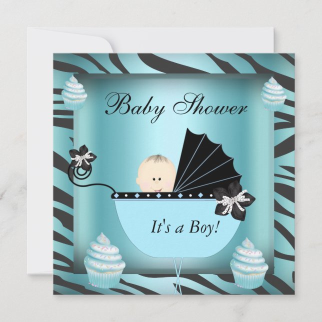 Zebra Baby Shower Baby Boy Aquamarin Cupcake Einladung (Vorderseite)