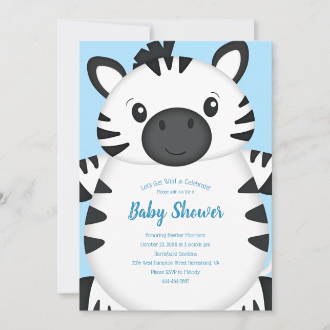 Zebra Baby Shower Safari Blue Boy Einladung (Vorderseite)