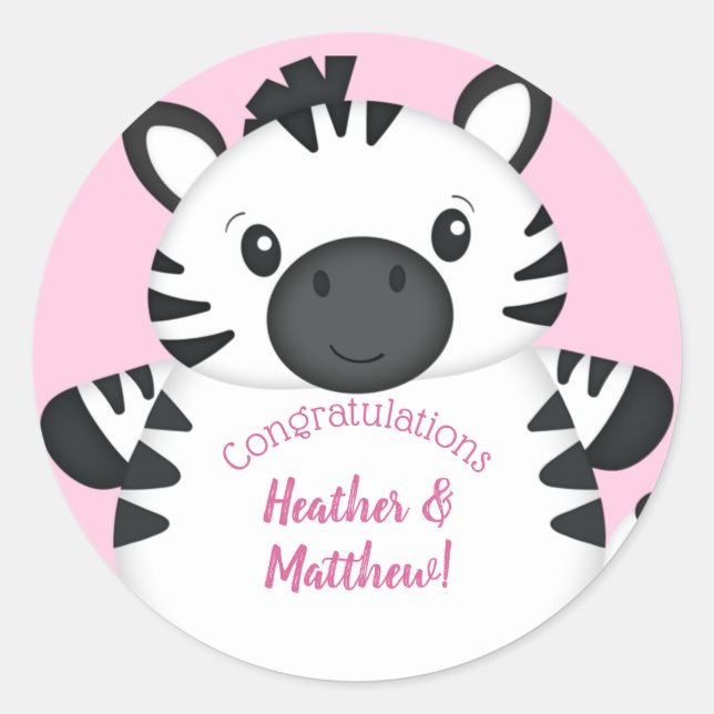 Zebra Baby Shower Safari Pink Girl Runder Aufkleber (Vorderseite)