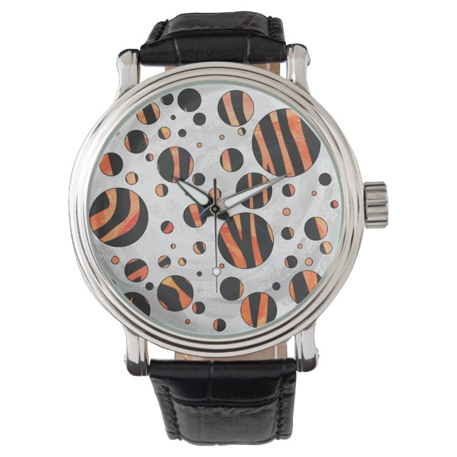 Zebra Black and Orange Polka Dots Armbanduhr (Vorderseite)