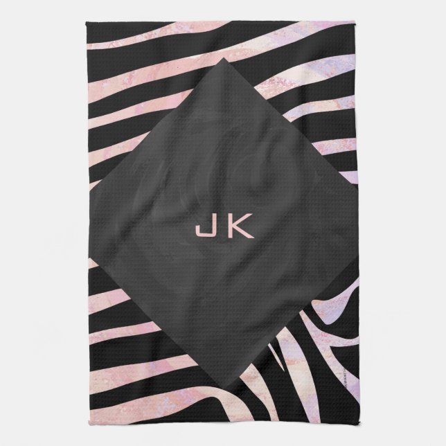 Zebra Black and Pink Monogram Geschirrtuch (Vertikal)