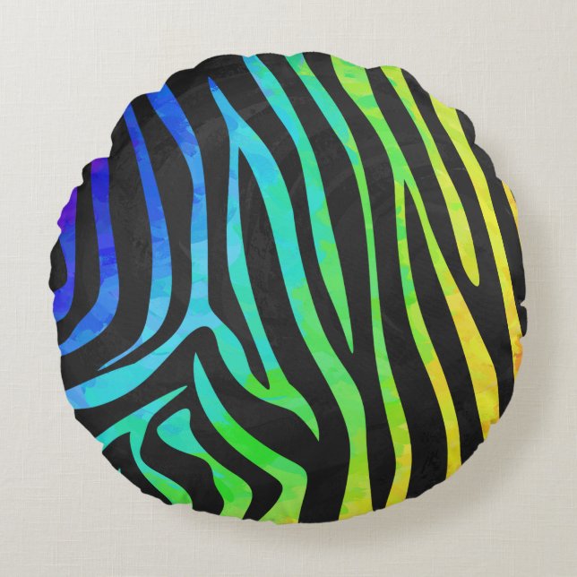 Zebra Black und Rainbow Print Rundes Kissen (Vorderseite)