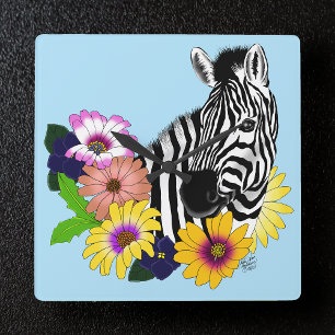 Zebra Blau Farbige Gänseblume Floral Wildlife Quadratische Wanduhr