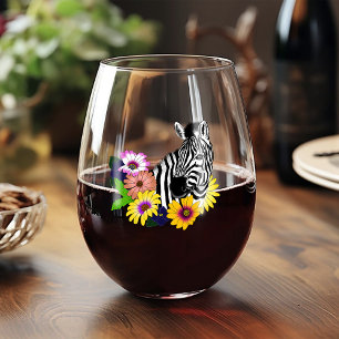 Zebra Blau Farbige Gänseblume Floral Wildlife Weinglas Ohne Stiel