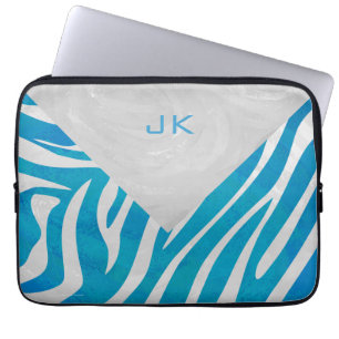 Zebra Blau und Weiß mit Monogramm Laptopschutzhülle