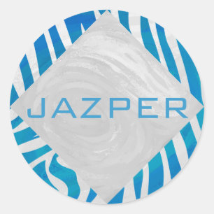 Zebra Blau und Weiß mit Monogramm Runder Aufkleber