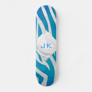 Zebra Blau und Weiß mit Monogramm Skateboard