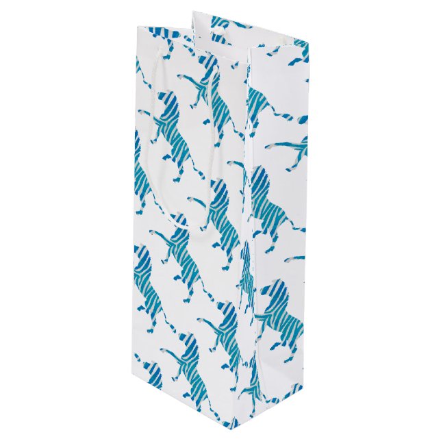 Zebra Blau-Weiße Silhouette Geschenktüte Für Weinflaschen (Vorderseite Schrägansicht)