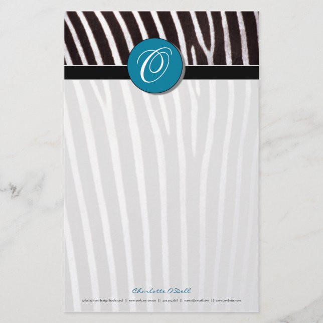 Zebra; blaues Monogramm Briefpapier (Vorderseite)