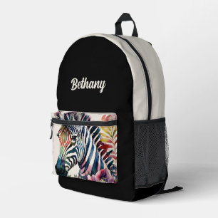 Zebra-Blumen-Aquarellkunst Schwarz Beige Bedruckter Rucksack