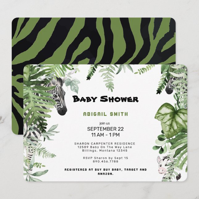Zebra Botanical Baby Shower Rounded Einladung (Vorne/Hinten)