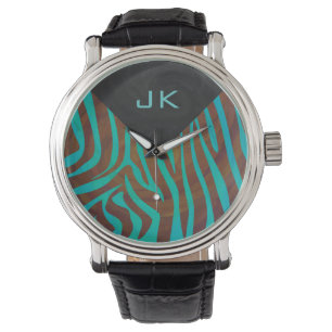 Zebra Brown und Aquamarin mit Monogramm Armbanduhr
