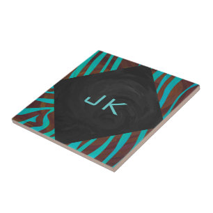 Zebra Brown und Aquamarin mit Monogramm Fliese