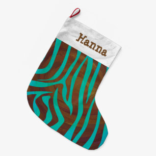 Zebra Brown und Aquamarin mit Monogramm Großer Weihnachtsstrumpf