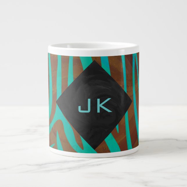 Zebra Brown und Aquamarin mit Monogramm Jumbo-Tasse (Vorderseite)