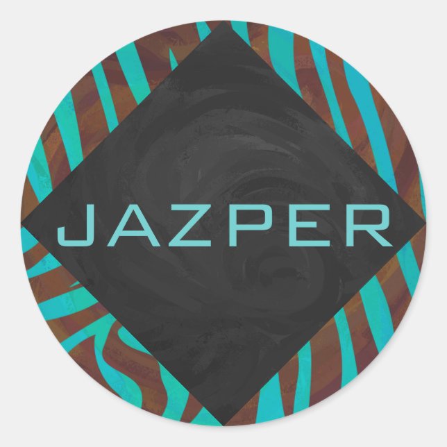 Zebra Brown und Aquamarin mit Monogramm Runder Aufkleber (Vorderseite)