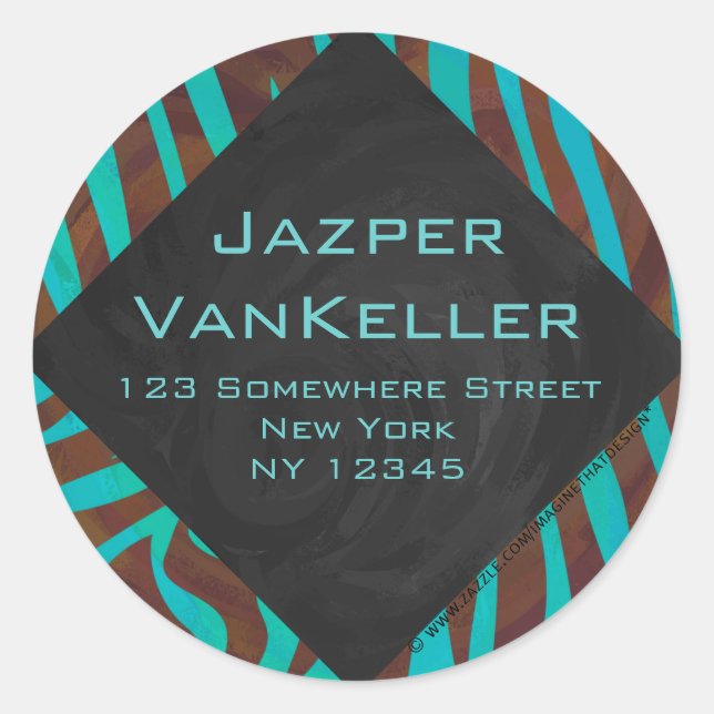 Zebra Brown und Aquamarin mit Monogramm Runder Aufkleber (Vorderseite)