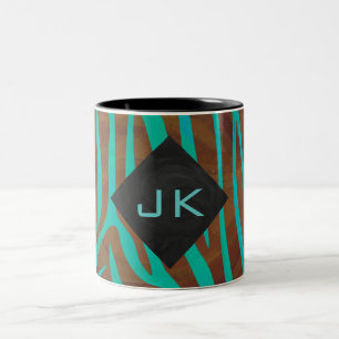 Zebra Brown und Aquamarin mit Monogramm Zweifarbige Tasse