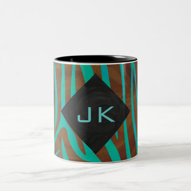 Zebra Brown und Aquamarin mit Monogramm Zweifarbige Tasse (Mittel)