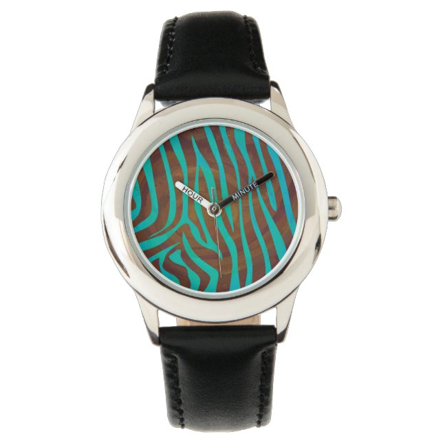 Zebra Brown und Aquamarin Print Armbanduhr (Vorderseite)