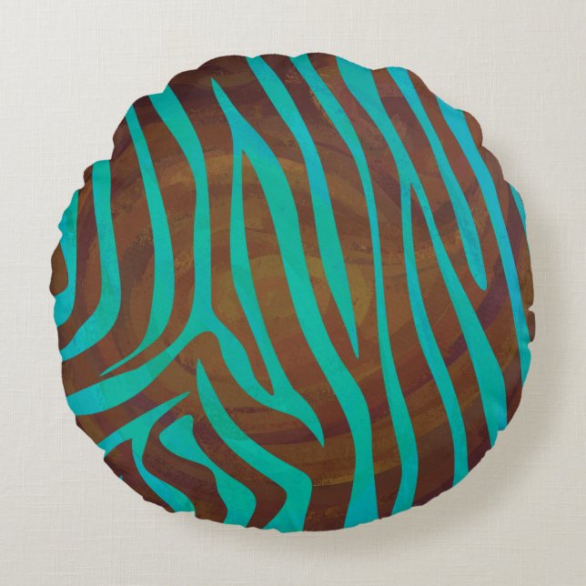 Zebra Brown und Aquamarin Print Rundes Kissen (Vorderseite)