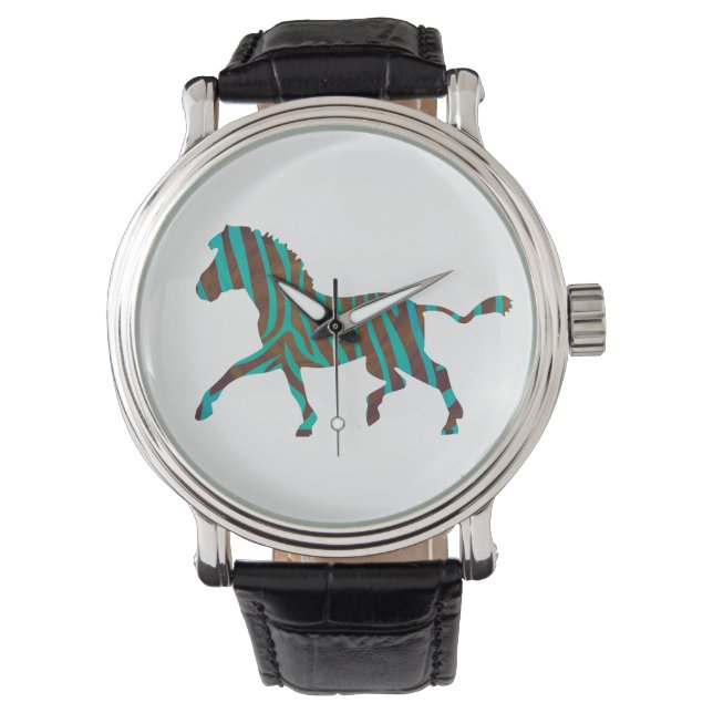 Zebra Brown und Aquamarine Print-Silhouette Armbanduhr (Vorderseite)